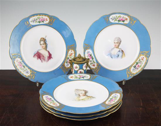 A set of five Sevres style porcelain plates, and a similar inkwell, late 19th century, 10cm